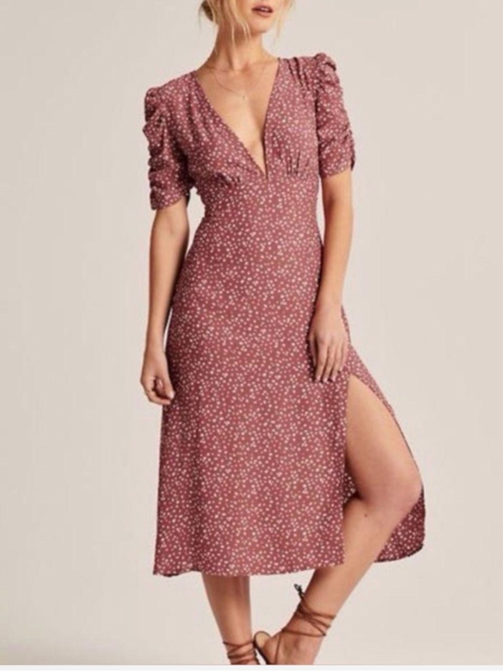 Abercrombie Women’s Dusty Rose Polka Dot Midi Dress with Adjustable V-Neck Small